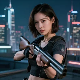 photographic portrait of a techwear woman holding a shotgun, closeup, on the rooftop of a futuristic city at night, 4k, depth of field, high resolution, full color, Die Hard, movies with guns, movie firearms