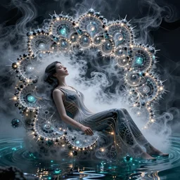 fractals!! calm, healing, resting, water, hybrids, tech wear!!!, scifi, glowing lights!! intricate elegant, highly detailed, volumetric, smoke, digital photograph, artstation, concept art, smooth, sharp focus, thin glowing wires, illustration, art by greg rutkowski and alphonse mucha, singularity!!!