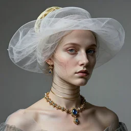 a beautiful futuristic portrait with hat made by wires and gauze twisted around her face, necklace made by wires, design by leonardo davinci, inspired by vermeer, modern art, baroque, jewelry, new classic, hyper realistic, highly detailed, cinematic composition, cinematic lighting, fashion design, concept art, hdri, 4 k -