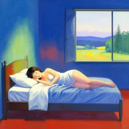 a woman sleeps in levitation above her bed vibrant by akihiko yoshida and edward hopper 1 2 3