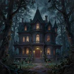 a beautiful painting of an creepy mansion in the woods at night by greg rutkowski and kalin popov, trending on artstation, masterpiece,