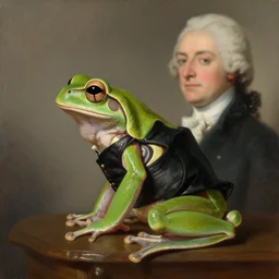 a side profile portrait painting of an amazon tree frog wearing a black waistcoat, an american romanticism painting by john trumbull, a portrait painting, cgsociety, soft focus