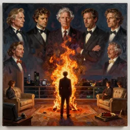 one men burning in fire flames standing alone in suite looking on view point, piotr jablonski, norman rockwell, tim hildebrandt, mark maggiori, jeff dekal, long shot, hyperrealistic oil painting on canvas, deep depth field, cinematic composition, hyper - detailed, hdr, 8 k, 4 k