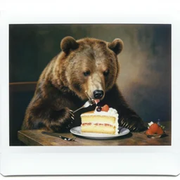 polaroid photo of a bear eating cake, highly detailed painting by gaston bussiere, craig mullins, j. c. leyendecker