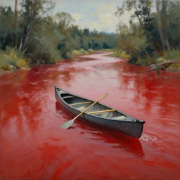 painting of a lone canoe floating in a blood river