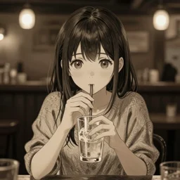 anime girl sitting and drinking in a cozy bar, 1, volumetric lighting, symmetrical face, detailed face, hyper real, pencil art, moody lighting, cute, comfy