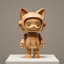 realistic a wooden sculpture, art toys collection on a pedestal, a very cute figurine robot retrofuturiste cat's ears in a zen rebelle
