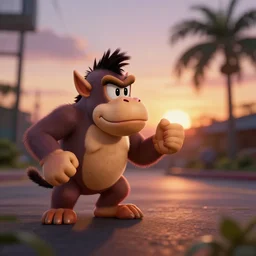 photo of a sunset inside the first level of donkey kong country ( 1 9 9 4 ), real life, photorealistic, soft focus, long exposure