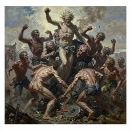 oil paint of flayed god machines, mutations cluster battle chaos, terror battle, rotting, by alberto bontempi, alex ross, shigeru komatsuzaki, wayne d barlowe, alex ross, stefano tamburini, simon bisley & boris vallejo, enric torres, hyper realism, narrative light, muted colors, epic, hyper detailed, awe inspiring, award