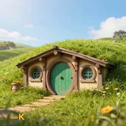 hobbit like housse in grass field hill, sunny day, hyperdetailed, artstation, cgsociety, 8 k