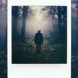 old polaroid photo of a zombie walking in forest, mysterious, fog,
