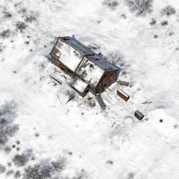 sattelite image of post pocaliptic snow from 250 meters height, only snow, old lumber mill remains, few boozes with wood and supply, beautiful winter area