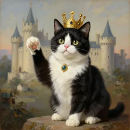 elegant painting of a gorgeous regal black and white cat holding up one paw, in a castle, in the style of eugene de blaas