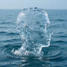 water artwork manipulation in the shape of a human head, on the ocean water, ray tracing, realistic water sharp focus, long shot, 8 k resolution, cinematic, water sculpture