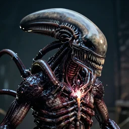 a human bursting out of the chest of a xenomorph