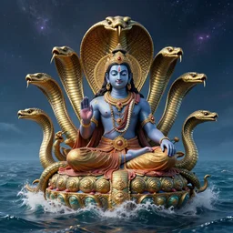 vishnu sitting under a giant many - headed cobra, floating across the cosmic ocean, digital art, octane render, highly detailed, intricate, by android jones