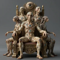 around the throne, were four living beings who had eyes all over their bodies, in front and behind, hiperrealista, unreal engine 5, cinema4D, octane render Detailed, cinematographic, artstation Greg rutkowski