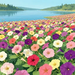 digital illustration of a lake full of giant multi - colored petunia flowers by dr. seuss, reimagined by ilm and beeple : 1 | megaflora, spectral color, electric color, rolling hills : 0. 9 | fantasy : 0. 9 | unreal engine, deviantart, artstation, hd, 8 k resolution : 0. 8