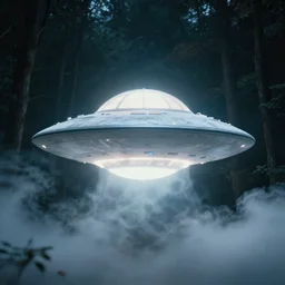 tic tac shaped ufo, cinema scene. ethereal glow, dissipated clouds over forest