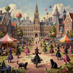 A bustling magical town, witches and black cats are dancing around a colorful music festival, the large academy of magic and science can be seen towering in the distance, inspired by Victorian England and Amsterdam, highly detailed, digital painting, artstation, concept art, matte painting, octane render, 8k, unreal engine