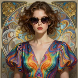 close up of a beautiful woman wearing a kaleidoscopic psychedelic dress and sunglasses, fantasy, intricate, elegant, highly detailed, digital painting, artstation, concept art, smooth, 8 k, sharp focus, illustration, art by artgerm and greg rutkowski and alphonse mucha