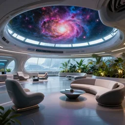 ultra modern concept design of a vast spaceship interior, futuristic chairs and sofas can be seen in the foreground, a large colorful nebula can be seen from a window, large plants in the background, in the style of Guardians of the Galaxy and Blade Runner, wide angle shot, Leica Summicron-T 23 mm f/2 C 9.0