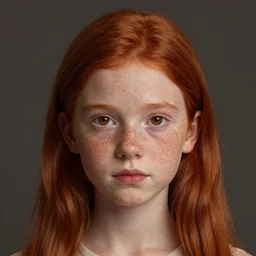 portrait of 1 4 - year - old girl with straight red hair, a lot of freckles, and bright brown eyes hyper detailed, digital art, trending in artstation, cinematic lighting, studio quality, smooth render, octane rendered, concept art, art by artgerm and greg rutkowski