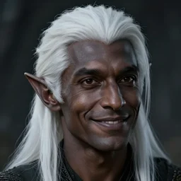 a head portrait of a dark drow elf male, medium length white hair, charcoal skin, smooth skin, young adult in with late twenties, happy, pointed chin, charcoal color skin, curious, style by donato giancola, wayne reynolds, jeff easley dramatic light, high detail, cinematic lighting, artstation, dungeons and dragons