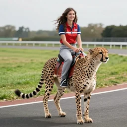 girl riding a cheetah on a race track