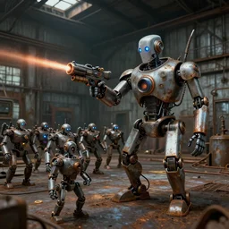 robot mad scientist in a huge rusty warehouse, creating a robot army, raygun gothic, atomic punk