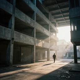 realistic interior of a brutalist architecture building, (((((blurred silhouettes of person walking in the distance))))), sun rays at sunset, hard shadows, volumetric fog, Hyper realistic film photography, Zeiss 24mm f2.8, Hasselblad, insanely detailed, sharp focus