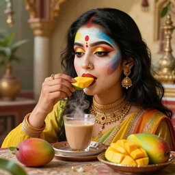 people having chai and eating mangoes, relaxing, absurdly beautiful, elegant, realistic ultrafine hyperrealistic detailed face painting by amrita sher - gil, bright colors, matte, unreal engine highly rendered, global illumination, radiant light, intricate environment