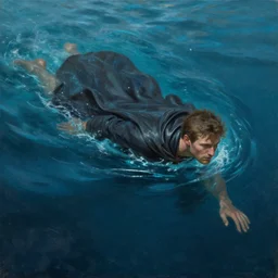 a painting of a man in a cloak swimming in the ocean, a detailed painting by todd lockwood, trending on artstation, fantasy art, bioluminescence, detailed painting, official art