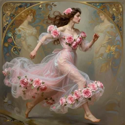 very beautiful woman dressed in a vaporous wrapped large victorian pink roses silk semi-transparent dress fashion is running, fantasy, intricate, elegant, highly detailed, digital painting, trending on artstation, concept art, matte, sharp focus, illustration, art by Artgerm and Greg Rutkowski and Alphonse Mucha