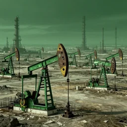 hyper detailed digital matte painting of numerous futuristic oil pump jacks, sprawling across empty and parched landscape, by francisco goya, chernobyl style industrial green matte, hypermaximalist, behance hd, a masterpiece, artstation, nightcafe, unsettling, mysterious, odd, by stephan martiniere and alexander fedosav