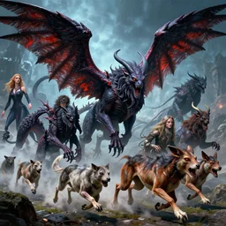 the winged nightmare beasts on the hunt and the prey on the run, detailed, intricate, vibrant, stability ai, andreas franke, lisa frank, chesley bonestell, h r giger, ren hang, rolf armstrong, cool lighting