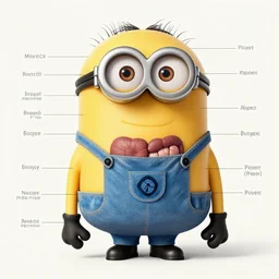 Detailed anatomical drawing of a Minion, with organs labeled. Medical textbook, Detailed, HQ
