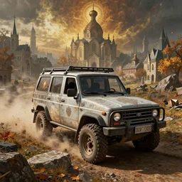 offroad uaz buchanka of daedric design driving across the rift, painted in orthodox christian style, riften city in the background, epic fantasy, autumn, the elder scrolls v : skyrim, dramatic lighting, establishing shot, by simon stalenhag