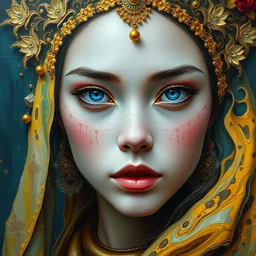 wide portrait of beautiful girl by irakli nadar with intricate detailed color smashing fluid oil paint and acrylic, ornate gold headdress, melting wax, mycelia, abstract impressionism, ruan jia, fantasy, hyper detailed, concept art, by gustav klimt