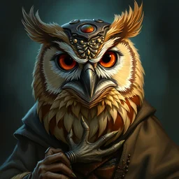 a detailed portrait of an owl alchemist by justin gerard and greg rutkowski, digital art, realistic painting, dnd, dungeons & dragons, character design, trending on artstation