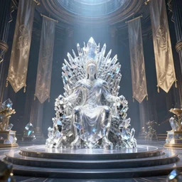 a spiritual matte painting by feng zhu of a contemporary crystal throne room with tall banner hanging, unreal engine, ue5, concept art, wide angle, photo realistic, high detail, 4k hd wallpaper