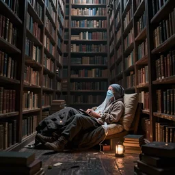 adventurer quarantining in the basement of an immense library, digital art, 4K ultra hd, dungeons and dragons, chiaroscuro