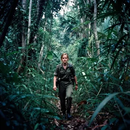 film still, extreme far view, emma watson soldier hiking through dense vietnam jungle, film still from apocalypse now ( 1 9 7 9 ), 2 6 mm, kodak ektachrome, blue tint expired film,