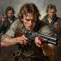 realistic portrait beautiful painting from scene in it movie, when human turned into bloody machine gun. horror, created by thomas kinkade and gustave courbet, fine draw, high detailed.
