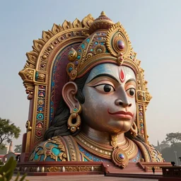 high quality 3 d render post - rococo cyberpunk hanuman! head shri ram centre, madhubani, highly detailed, morning in sci - fi new delhi, cinematic smooth unreal engine, lee madgwick & liam wong, dramatic light, long shot, low angle, uhd 8 k, sharp focus