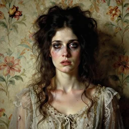 a beautiful and eerie baroque painting of a beautiful but serious woman in layers of fear, with haunted eyes and dark hair piled on her head, 1 9 7 0 s, seventies, floral wallpaper, wilted flowers, a little blood, morning light showing injuries, delicate embellishments, painterly, offset printing technique, by walter popp
