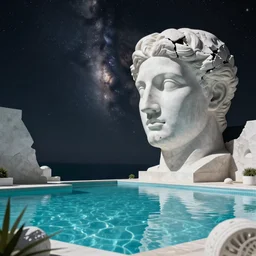 Vincent Di Fate, high contrast, minimalistic, hyperrealistic surrealism, award winning masterpiece with incredible details, epic stunning lighting, infinity pool, a surreal vaporwave liminal space, highly detailed, trending on ArtStation, artgerm and greg rutkowski and alphonse mucha, daily deviation, IAMAG, broken giant marble head statue ruins, nightscape, milkyway