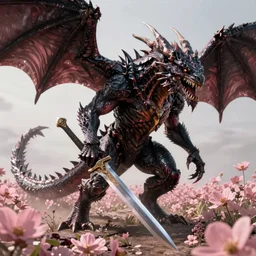 hyperrealistic dark cinematic mutant dragon holding sword in a field of pale pink flowers, highly detailed smooth digital art masterpiece, vitaly bulgarov dramatic light, ground angle uhd 8 k, sharp focus