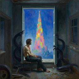 painting of a bleeding man sitting at the edge of a portal into the astral plane. the portal is inside a cold, decrepit house. through the portal we see a vibrant tower of a thousand colors. the man is being squeezed by black tentacles. art by gaston bussiere