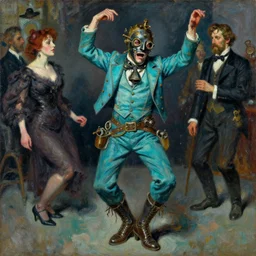high quality high detail painting by lucian freud, jenny savile, ilya repin and john singer sargent, steampunk crazy person with face mask dancing, turquoise, hd
